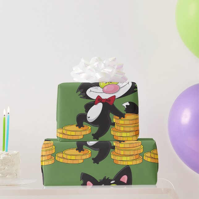 Papel De Presente Gato Preto Com Moedas Personagem Fofa de Dinheiro (Criador carregado)