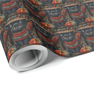 Papel De Presente Gato Preto com Presentes de Natal na Lareira
