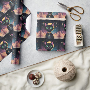 Papel De Presente Gato Preto Cósmico Futurista Atômico ao Luar