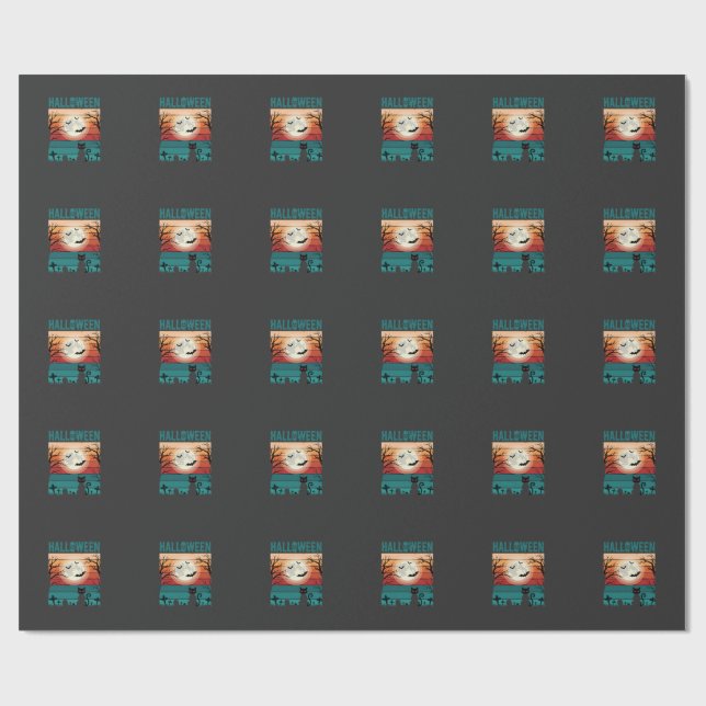 Papel De Presente Gato Preto De Halloween Lua Cemitério Retro Vetor  (Aberto)