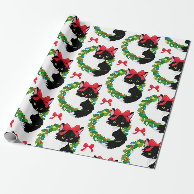 Papel De Presente Gato Preto de Natal com Arco Vermelho (Desenrolado)