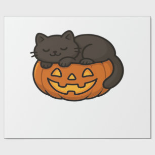 Papel De Presente Gato Preto Fofo e Sonolento em uma Abóbora na Essê