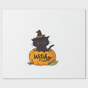 Papel De Presente Gato preto fofo em abóbora com chapéu de bruxa, es