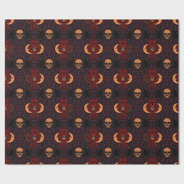 Papel De Presente Gato Preto Gótico Caveira Lua Crescente Damask (Aberto)