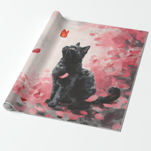 Papel De Presente Gato Preto Gótico com Borboleta Carmesim e Sakura