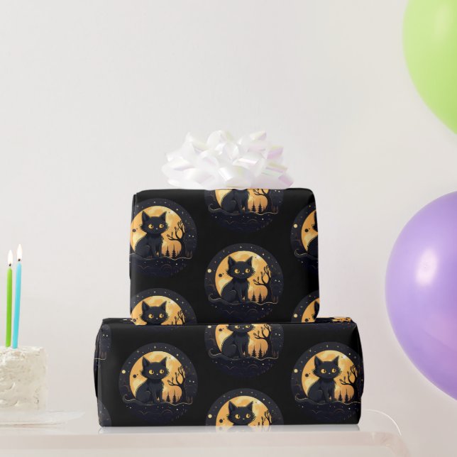 Papel De Presente Gato Preto Lua Cheia Celestial Preto Halloween (Presentes para festas)