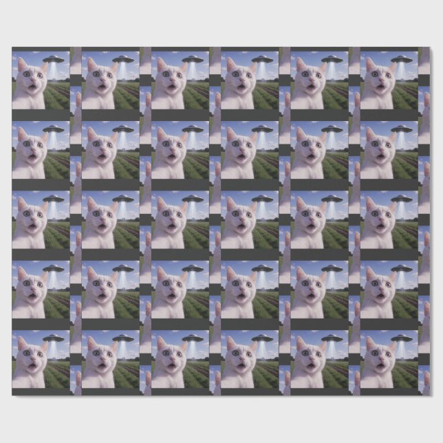 Papel De Presente Gato Selfie Com Disco Voador Alien (Aberto)