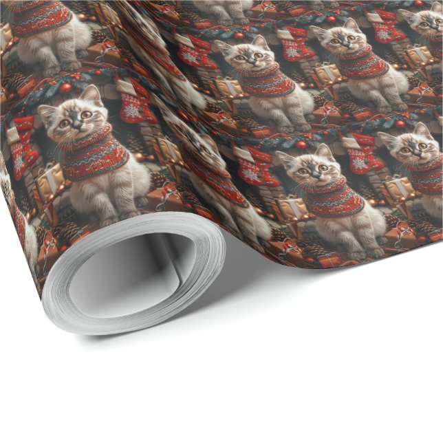 Papel De Presente Gato Siames com Presentes de Natal Lareira (Ponta do rolo)