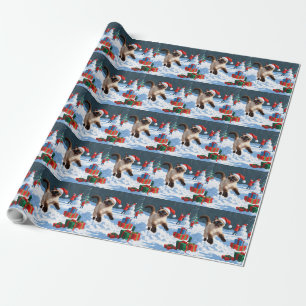Papel De Presente Gato Siames Correndo na Neve com Chapéu de Natal