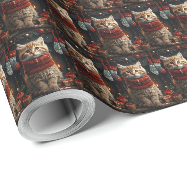 Papel De Presente Gato Siberiano com Lareira de presentes de Natal (Ponta do rolo)