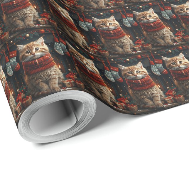 Papel De Presente Gato Siberiano com Presentes de Natal Lareira  (Ponta do rolo)