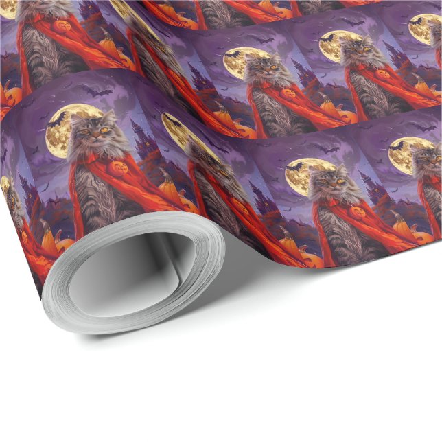 Papel De Presente Gato Siberiano de Halloween Abóboras Assustadoras  (Ponta do rolo)