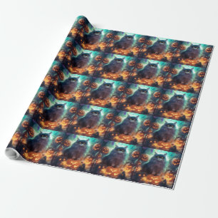 Papel De Presente Gato Siberiano de Halloween com Abóboras Assustado
