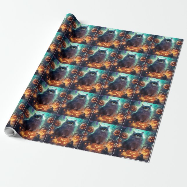 Papel De Presente Gato Siberiano de Halloween com Abóboras Assustado (Desenrolado)
