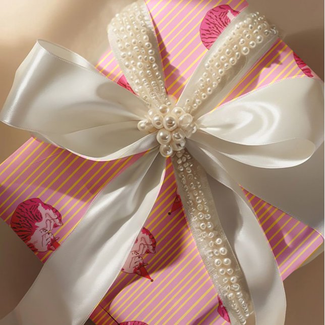 Papel De Presente Gato Sonolento Aniversário de 1 Ano Listras Amarel (Criador carregado)
