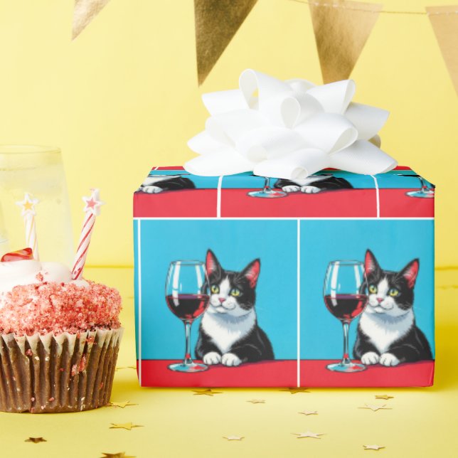 Papel De Presente Gato Tuxedo Com Copo de Vinho Tinto (Festa de aniversário)