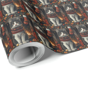 Papel De Presente Gato Tuxedo com Presentes de Natal Lareira