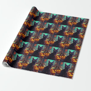 Papel De Presente Gato Tuxedo de Halloween com Abóboras Assustadoras
