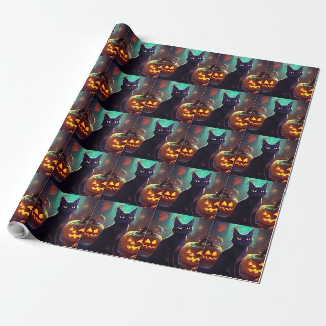 Papel De Presente Gato Tuxedo de Halloween com Abóboras Assustadoras (Desenrolado)