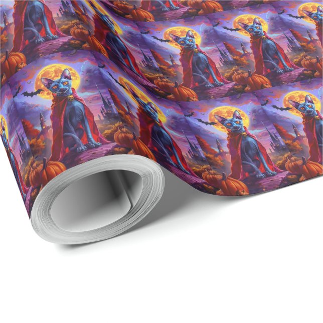 Papel De Presente Gato Vampiro Abóboras Assustadoras Halloween Azul  (Ponta do rolo)