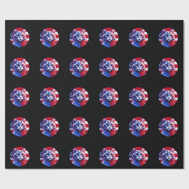 Papel De Presente Gato Vermelho Branco e Azul com Fundo da Bandeira  (Aberto)