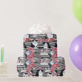 Papel De Presente Gatos Adoráveis, Rosas Rosa e Grelhas Negras