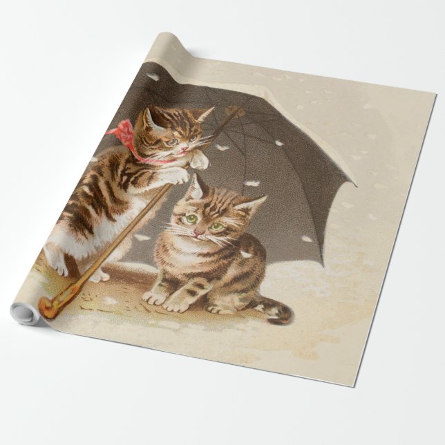 Papel De Presente Gatos antigos debaixo de guarda-chuva arte de gato (Desenrolado)