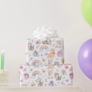Papel De Presente Gatos Aquarela Arco-íris Flores Borboletas