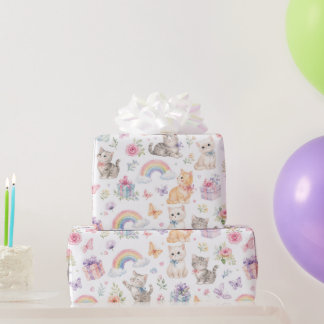 Papel De Presente Gatos Aquarela Arco-íris Flores Borboletas