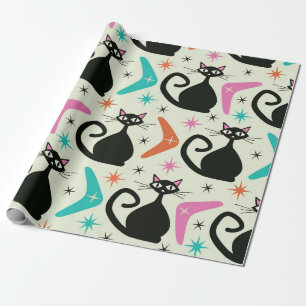 Papel De Presente Gatos Atômicos Pretos de Meados do Século com Bume