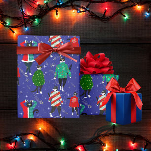 Papel De Presente Gatos bonitos no Marinho dos suéteres de Natal Fei