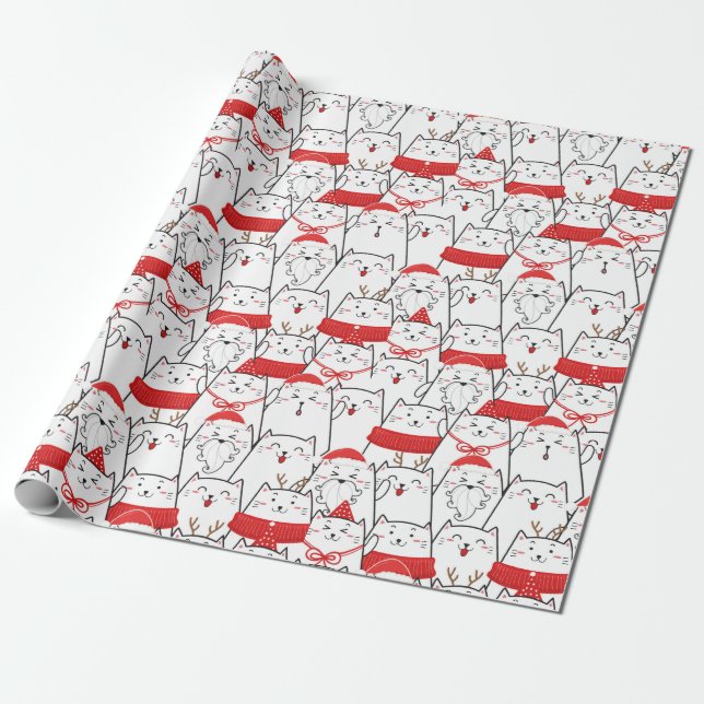 Papel De Presente Gatos Brancos Vermelhos Feriados de Natal Floral (Desenrolado)
