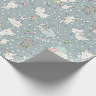 Papel De Presente Gatos brincalhões em azul cinza