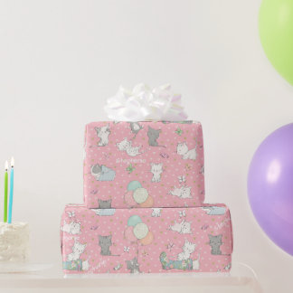 Papel De Presente Gatos Brincalhões em Rosa