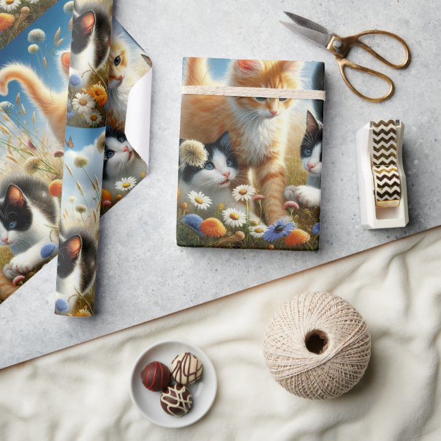 Papel De Presente Gatos Brincando em Flores (Artesanato)