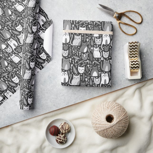 Papel De Presente Gatos Cachorros Cinzas Botânicas Padrão Foral Bran (Artesanato)