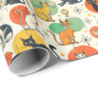 Papel De Presente Gatos da Era Atômica de Meados do Século Padrão Re