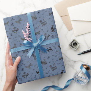 Papel De Presente Gatos de Arte Rupestre em Azul Cinza