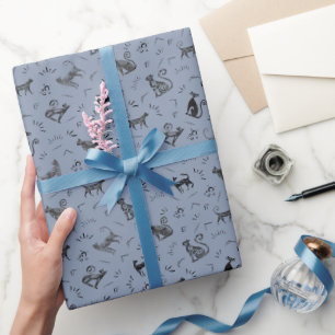 Papel De Presente Gatos de Arte Rupestre em Azul Cinza Claro