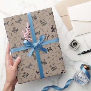 Papel De Presente Gatos de Arte Rupestre em Marrom Claro