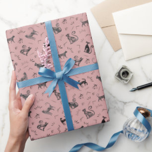 Papel De Presente Gatos de Arte Rupestre em Rosa Escuro Chá Rosa