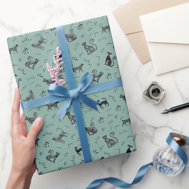 Papel De Presente Gatos de Arte Rupestre em Turquesa Cinza Claro (Presentear)
