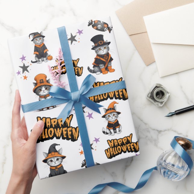 Papel De Presente Gatos de bruxas brancas e festivas no disfarce do  (Presentear)