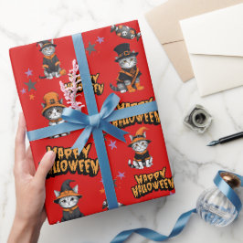 Papel De Presente Gatos de bruxas-vermelhas festivas no disfarce do