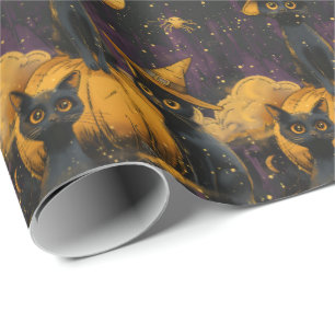 Papel De Presente Gatos de Dia das Bruxas de Roxo e 50 Laranja