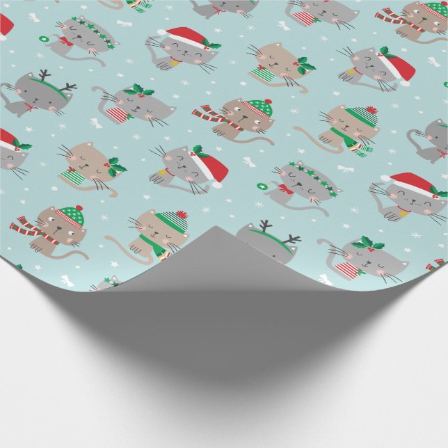 Papel De Presente Gatos de Natal bonitos em azul claro (Ponta)