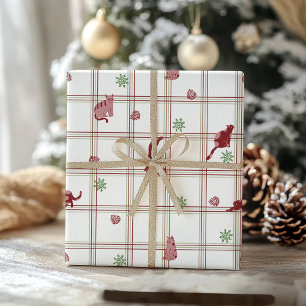Papel De Presente Gatos de Natal Brincalhões em Xadrez Verde-Mirtill