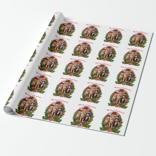 Papel De Presente Gatos de Natal Feliz (Desenrolado)