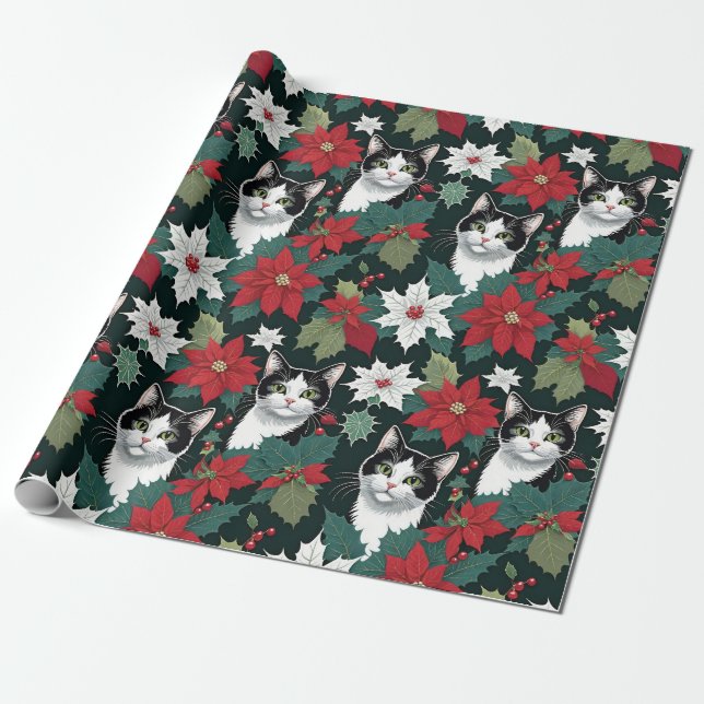 Papel De Presente Gatos De Natal Feriados E Poinsettias (Desenrolado)