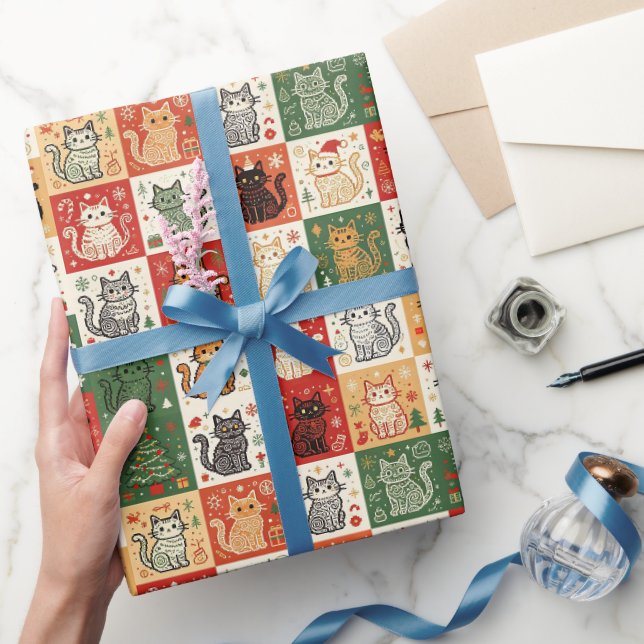 Papel De Presente Gatos de Natal Patchwork (Presentear)